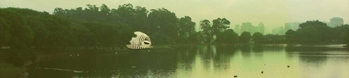 Projeto de quiosque para parques públicos de São Paulo, vista panorâmica do quiosque inserido no Parque do Ibirapuera, São Paulo, Angela Ishibashi e Rafael Derderian. 2º. prêmio categoria estudantes, 2009.