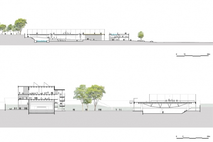 Concurso de Propostas Arquitetônicas para o futuro SESC Guarulhos, 6º lugar, cortes. Escritório MMBB Arquitetos<br />Desenhos divulgação 