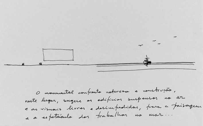 Cais das artes, Enseada do Suá, Vitória ES Brasil, 2007, em curso. Croquis n°1. Papel e madeira, caneta preta sobre feutro, 21x29,7 cm<br />© Paulo Archias Mendes da Rocha  [Centre Pompidou, MNAM-CCI / Georges Meguerditchian]