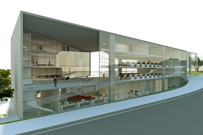 Centro de Referência em Empreendedorismo do Sebrae-MG, perspectiva rua Boturobi, menção honrosa. Arquitetos Danilo Ribeiro Cardoso Terra, Juliana Assali Terra e Pedro Tuma, 2008<br />Desenho escritório 