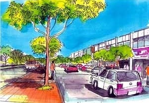 Perspectiva da calçada e estacionamento<br />Autores do projeto 