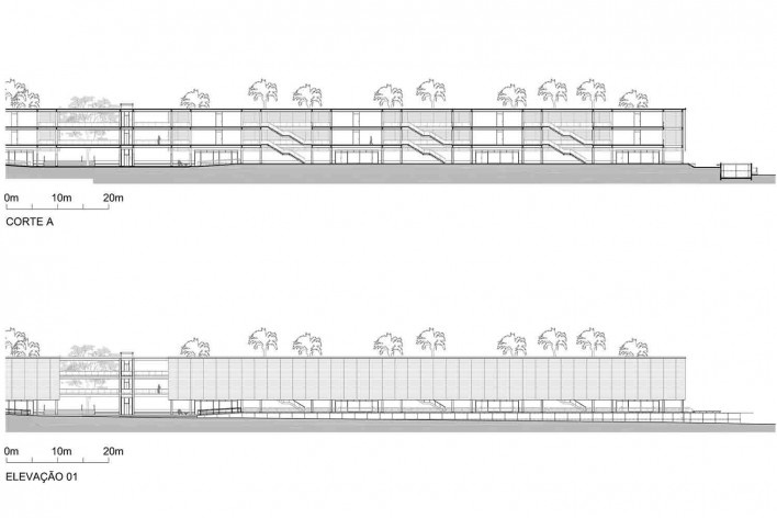 Dormitórios e alojamentos para professores e estudantes, corte e elevação, Miraflores, Panamá, 2014. Sic Arquitetura<br />Imagem divulgação 
