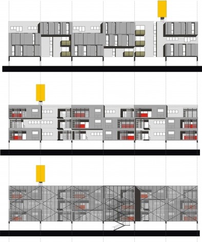 Conjunto de fachadas (em primeiro, vista posterior; em segundo, vista intermediária; em terceiro, vista frontal. Concurso Habitação para Todos.CDHU. Edifícios de 4 pavimentos- 2º lugar.<br />Autores do projeto  [equipe premiada]