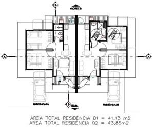 Residencias Tipo 0. Planta baixa, orientacao norte-sul<br />Imagem dos autores do projeto 
