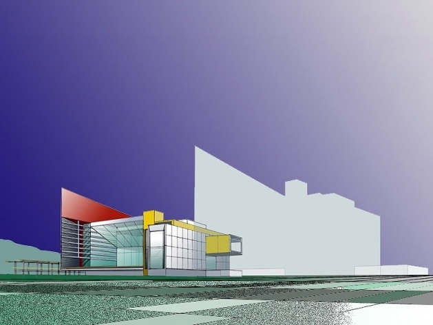 Campus Lagoa do Piau, biblioteca – perspectiva da primeira fase, Caratinga MG. Arquiteto Sylvio Emrich de Podestá, 2006<br />Desenho escritório 