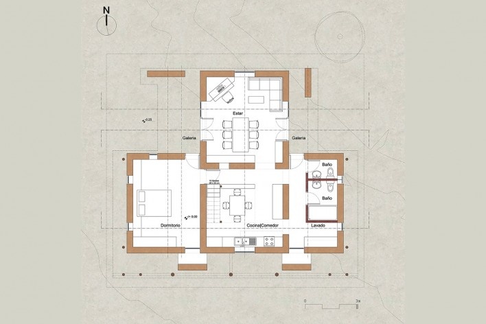 Vivienda T, planta baja, Tarija, Bolivia, 2020. Arquitecto Mechthild Kaiser; colaborador Mauricio Méndez / Estudio de arquitectura y Planificación Kaiser<br />Imagen divulgacíon  [Estudio de arquitectura y Planificación Kaiser]