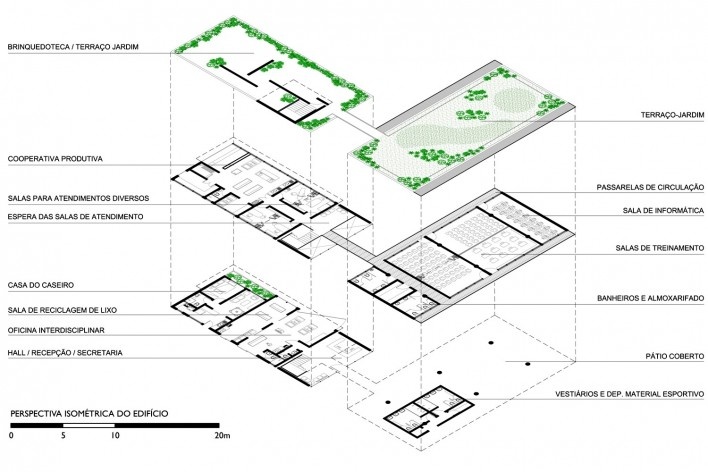 Escola Projeto Viver, plantas perspectivadas, São Paulo, Fernando Forte, Lourenço Gimenes e Rodrigo Marcondes Ferraz / FGMF<br />Desenho FGMF 