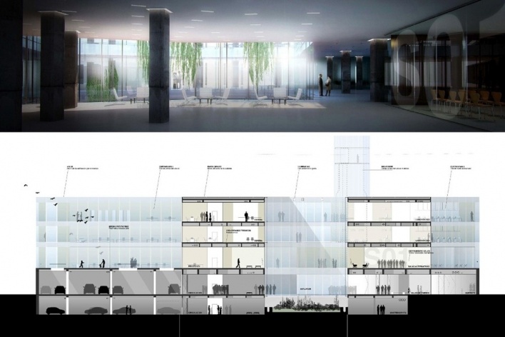 Perspectiva interna (acima) e corte (abaixo)<br />Imagem autores: Javier Navarro, Sergio Barreto, Andrés Gobba, Mauricio López, Matías Carba  [MAAM e MV/Arquitectos, 2008]