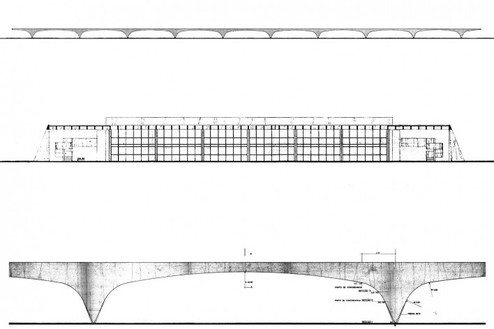 Escola Superior de Administração Fazendária – ESAF, elevação com pórticos, corte transversal do setor educacional e desenho da geometria dos pórticos de concreto armado, Brasília DF [Acervo PPMS]