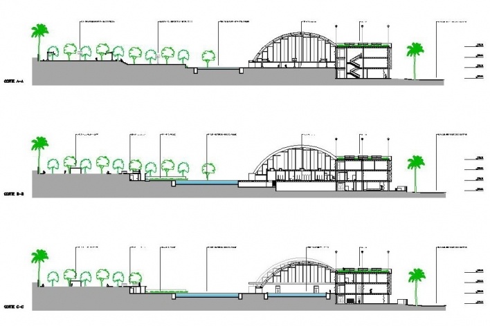 Concurso de Propostas Arquitetônicas para o futuro SESC Guarulhos, 5º lugar, cortes. Escritório Ricoy Torres Consultoria e Projetos<br />Desenhos divulgação 