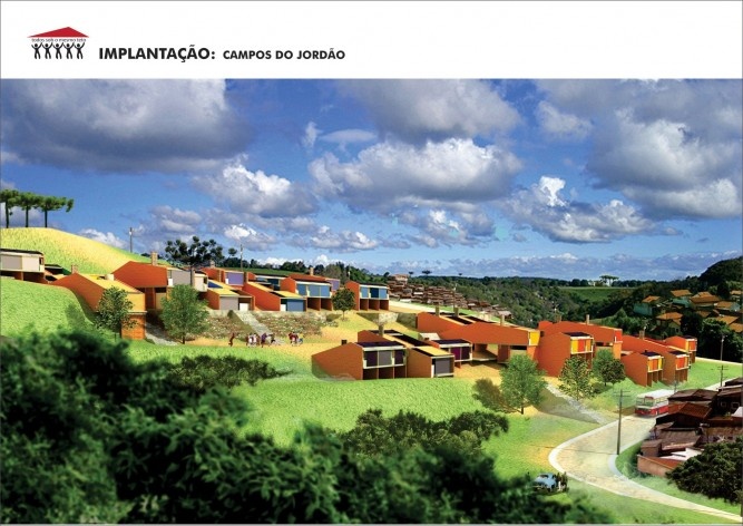 Implantação. “Todos sob o mesmo teto” – casas escalonadas. 1º. Lugar Concurso Público Nacional de Arquitetura para Novas Tipologias de Habitação de Interesse Social Sustentáveis<br />Autores do projeto  [equipe vencedora]