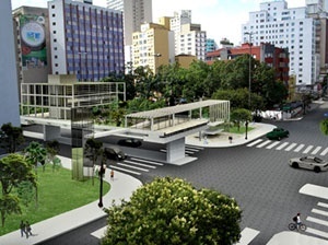 Proposta de ocupação do trecho mantido na Praça Marechal Deodoro. Vista nordeste à sudoeste<br />Imagem do autor do projeto 