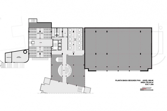 Centro de Referência em Empreendedorismo do Sebrae-MG, planta segundo pavimento, 1º lugar. Arquiteto Andreoni da Silva Prundêncio, 2008<br />Desenho escritório 