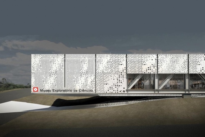 Concurso Internacional para Projeto Arquitetônico do Museu Exploratório de Ciências da Unicamp, vista do balanço da entrada, 1º lugar. Arquitetos Reinaldo Nishimura, Daniel Corsi e Dani Hirano, 2009<br />Imagem equipe 