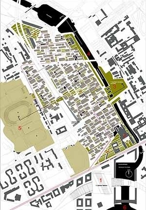 Implantação do projeto ao longo do canal:
1. Lerther Bahnhof (nova estação intermodal);
2. Hamburger Bahnhof (atual museu da cidade de Berlim);
3. Cemitério e Parque dos Inválidos (existente);
4. Canal Spandauer (navegável);
5. Parque e complexo esportivo<br />Autores do projeto 