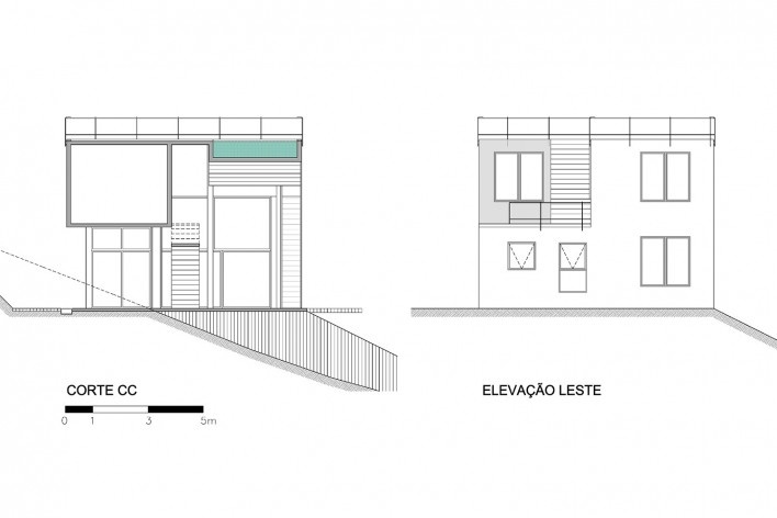Casa no Cerrado, corte CC e elevação leste, Moeda MG, 2013-2015. Arquiteto Carlos M Teixeira<br />Desenho divulgação  [Vazio S/A]