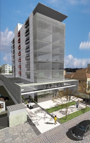 Nova Sede da AACRT – Associação dos Aposentados da Companhia Riograndense de Telecomunicações, perspectiva fachada principal. Moojen & Marques Arquitetos Associados + Arquiteto Cláudio Ferraro, 2008<br />Desenho escritórios 