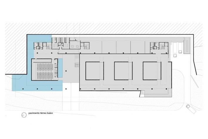 Concurso Internacional para Projeto Arquitetônico do Museu Exploratório de Ciências da Unicamp, planta pavimento térreo baixo (N650), menção honrosa. Arquitetos Alessandro Muzi, Hernani Paiva e Luiz Kuller, 2009<br />Imagem equipe 