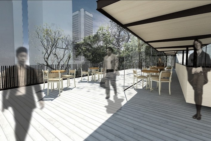 Museu da Diversidade Sexual, bar do terraço. Hereñú + Ferroni Arquitetos, 2014<br />Imagem divulgação 