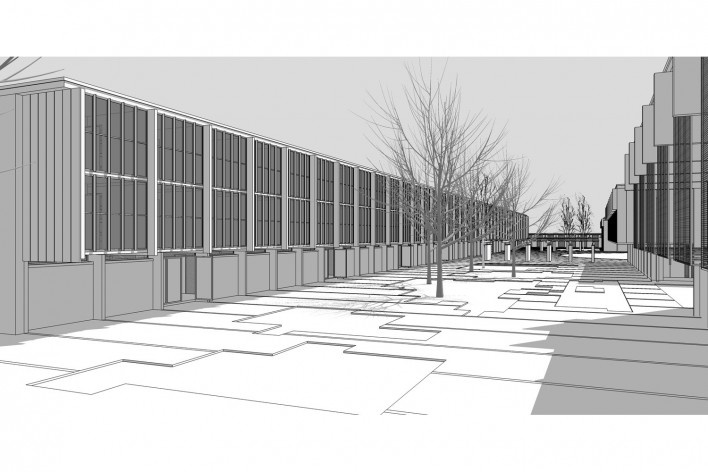 Saint Catherine’s College, vista dos pátios secundários em direção ao norte, sem as cercas vivas, Oxford, Inglaterra, 1959-1964, arquiteto Arne Jacobsen<br />Modelo tridimensional de Edson Mahfuz e Ana Karina Christ 