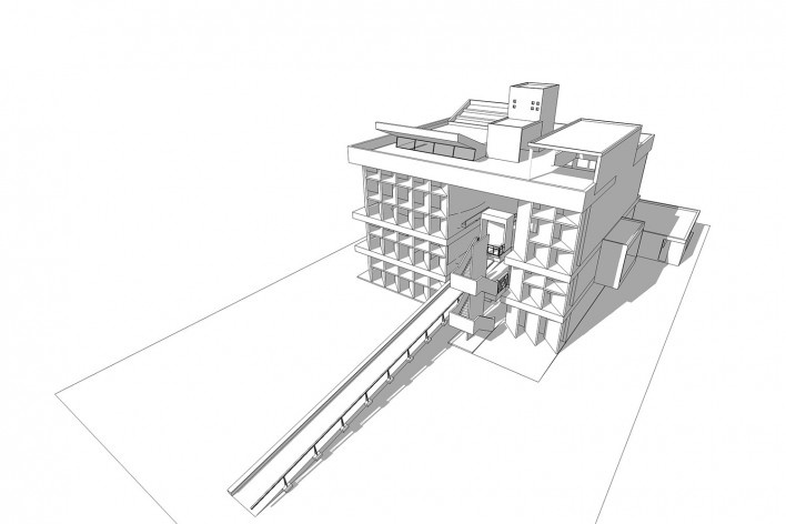 Associação da Indústria Têxtil, vista externa do edifício, Ahmedabad, Gujarat, Índia, 1954. Arquiteto Le Corbusier<br />Elaboração/ Elaboración Edson Mahfuz 