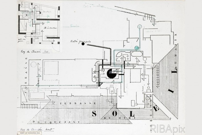 Casa E1027, aspectos e plano de circulação de 1923, Roquebrune-Cap-Martin, França. Arquiteta Eileen Gray, 1926-1929<br />Imagem divulgação  [Riba Collections]