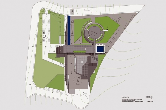 Concurso Internacional para Projeto Arquitetônico do Museu Exploratório de Ciências da Unicamp, implantação, menção honrosa. Arquitetos Fábio Boretti, Bernardo Telles e Luis Alexandre Pereira Pinto, 2009<br />Desenho equipe 
