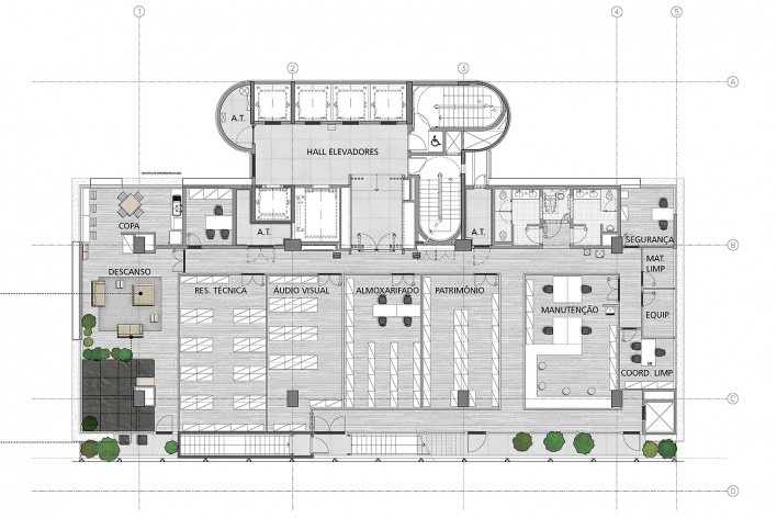 Sesc Avenida Paulista, planta 5º pavimento - área técnica depósitos copa funcionários, escritório Königsberger Vannucchi, 2018<br />Imagem divulgação  [Königsberger Vannucchi Arquitetos Associados]