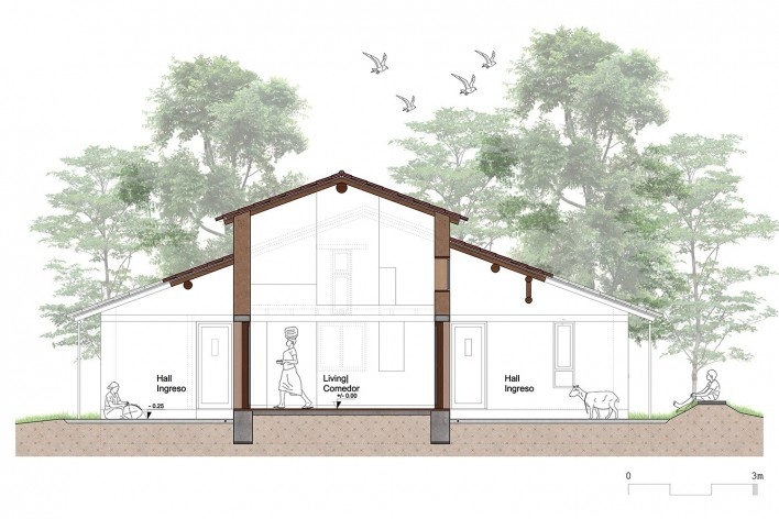 Vivienda T, sección transversal, Tarija, Bolivia, 2020. Arquitecto Mechthild Kaiser; colaborador Mauricio Méndez / Estudio de arquitectura y Planificación Kaiser<br />Imagen divulgacíon  [Estudio de arquitectura y Planificación Kaiser]