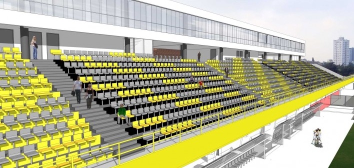 Nova Arquibancada social e Bloco de cabines de imprensa, VIPs e autoridades. - Reforma Estádio Primeiro de Maio em São Bernardo. Escritório Effect Arquitetura e Gerenciamento de Projetos<br />Autores do projeto 