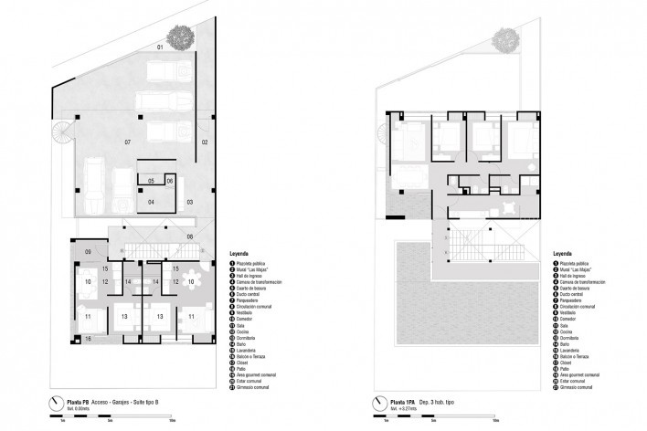 Edifício Goya, plantas térreo e primeiro pavimento, San Cayetano, Loja, Equador, 2021. Arquitetos Tatiane Corsi Garcia, David Arias Polo e Daniel Arias Polo (autores) / Bearq<br />Imagem divulgação/ disclosure image/ imagén divulgación  [Bearq]