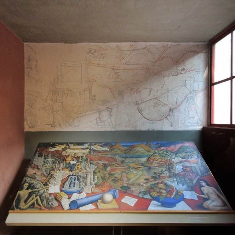 Estudo encontrado na parede da Casa O'Gorman para a obra “Entre a filosofia e a ciência”, pertencente hoje ao Banco Nacional do México<br />Foto Victor Hugo Mori 