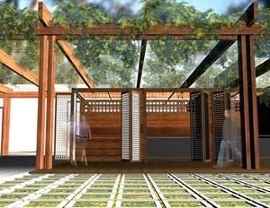 Feira integrando artesão e colono, modulada, podendo ser multiplicada conforme demanda da cidade. A cobertura verde faz a ligação com a cultura local além de estender o caráter ecológico da implantação. Cada módulo recebe uma cobertura transparente<br />Imagem do autor do projeto 