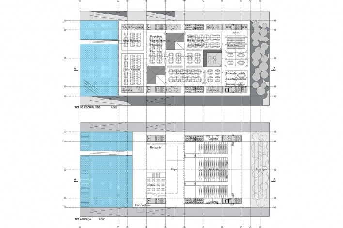 Planta tipo dos escritórios e planta da praça. Concurso para a Sede da CNM em Brasília. Menção honrosa 4<br />divulgação 