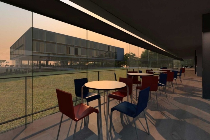 Alojamento em Campos do Jordão, refeitório, Campos do Jordão. MMBB Arquitetos, 2009<br />Modelo eletrônico Marcelo Yukio Nagai, Vito Macchione e Yuri Vital 
