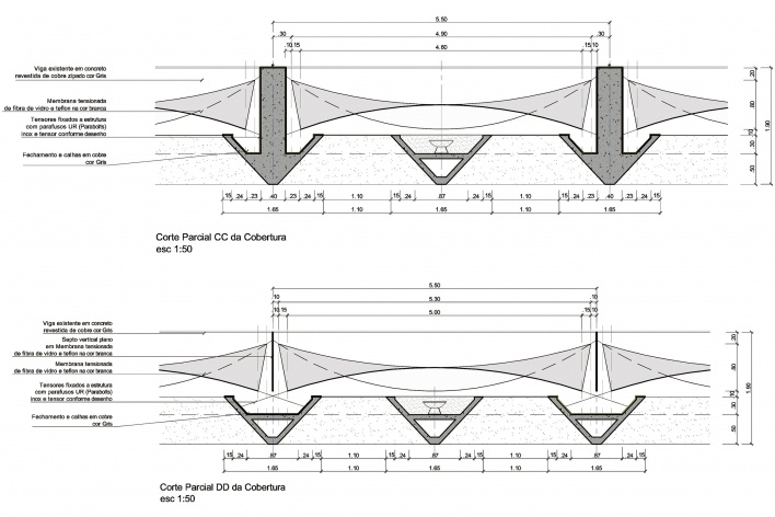 Proposta para Sobre-Cobertura do Edifício Vilanova Artigas, sede da FAU-USP, cortes parciais da cobertura CC e DD. Arquiteto Pedro Paulo de Melo Saraiva, 2009<br />Imagem escritório 