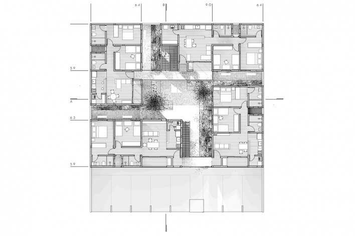 Vila Amélia, planta pavimento superior, Sertãozinho SP, 2015-2017. Arquitetos Fernando O’Leary, Pedro Domingues e Pedro Faria<br />Imagem divulgação  [Vaga Arquitetura]