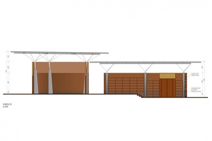 Corte - Pavilhão da arquitetura em terra<br />Desenho Abiola Akandé Yayi e Robert Soares 