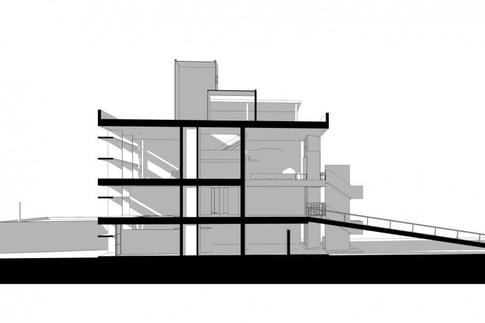 Associação da Indústria Têxtil, corte longitudinal, Ahmedabad, Gujarat, Índia, 1954. Arquiteto Le Corbusier<br />Elaboração/ Elaboración Edson Mahfuz 
