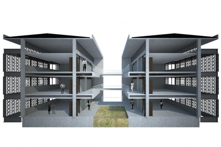 Universidade no Semi-árido – UNIVASF, corte do bloco de salas de aula – Fachadas protegidas por panos de cobogó e ventilação generosa do entreforro, 1º lugar concurso Sustentabilidade em Edificações Públicas. Estudante Murilo Medeiros de Siqueira, 2008<br />Imagem divulgação 