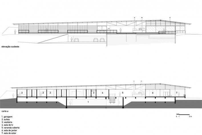 Residência Piracaia, elevação sudeste e corte a, Piracaia SP Brasil, 2012-2014. Arquitetos Lua Nitsche e Pedro Nitsche<br />Imagem divulgação  [Nitsche Arquitetos Associados]