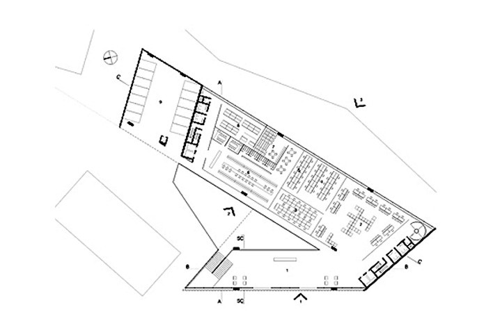 Centro de Referência em Empreendedorismo do Sebrae-MG, planta térreo, menção honrosa. Arquitetos Danilo Ribeiro Cardoso Terra, Juliana Assali Terra e Pedro Tuma, 2008<br />Desenho escritório 
