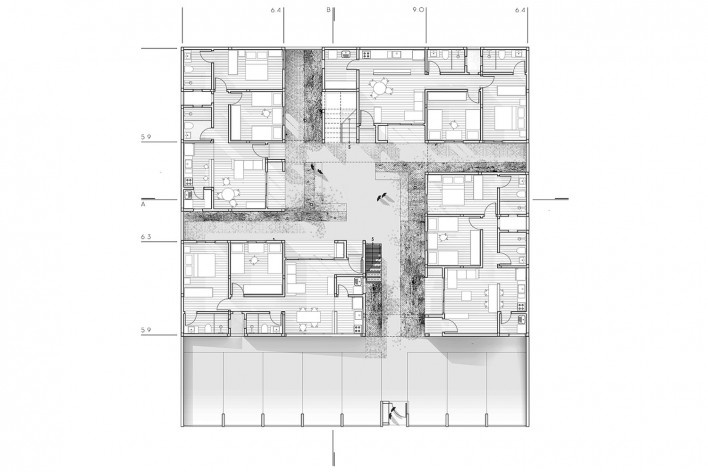 Vila Amélia, planta térreo, Sertãozinho SP, 2015-2017. Arquitetos Fernando O’Leary, Pedro Domingues e Pedro Faria<br />Imagem divulgação  [Vaga Arquitetura]
