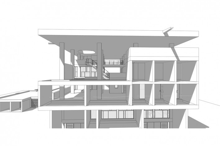Casa Shodhan, vista externa do edifício, Ahmedabad, Gujarat, Índia, 1951-56. Arquiteto Le Corbusier<br />Modelo tridimensional Gabriel Johansson Azeredo / Imagem Edson Mahfuz 