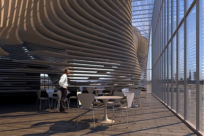 Adaptable Architecture Gallery on the Thames River Urban Competition – London 2008, vista interna do café, menção honrosa. Arquitetos Victor Paixão, Miguel Felipe Muralha, Paula Sertório, Thiago Florez, André Mack, Bruno Castro<br />Imagem equipe 