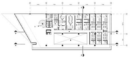 3º pavimento (terraço, copa funcionários, secretaria, direção, reuniões, curadorias, coordenações, circulação, vazio para exposição permanente)<br />Imagem dos autores do projeto 