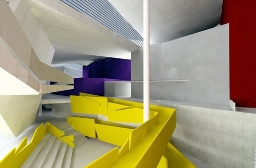 Perspectiva do foyer com a presença da passarela e o auditório interno <br />Imagem do autor do projeto 