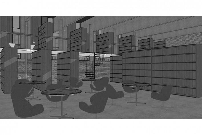 Saint Catherine’s College, vista interior da biblioteca, Oxford, Inglaterra, 1959-1964, arquiteto Arne Jacobsen<br />Modelo tridimensional de Edson Mahfuz e Ana Karina Christ 