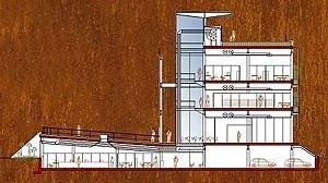 Seção transversal cortando a praça e o vazio do foyer<br />Imagem da equipe premiada 