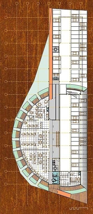Planta pavimento térreo: estacionamento e áreas administrativas da Cohab<br />Imagem da equipe premiada 